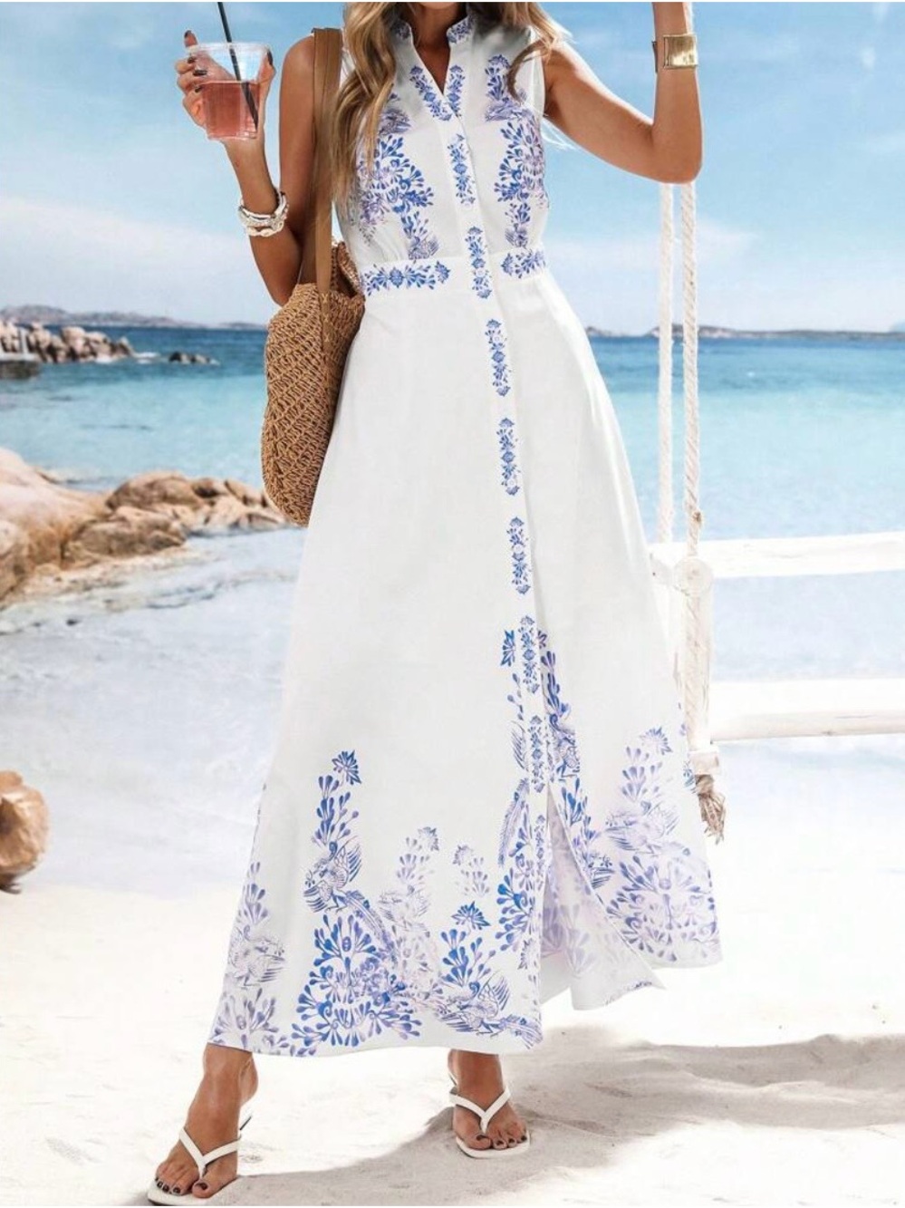 Blue & White Porcelain Floral Maxi Dress - Sleeveless Button Down Sz S vacation